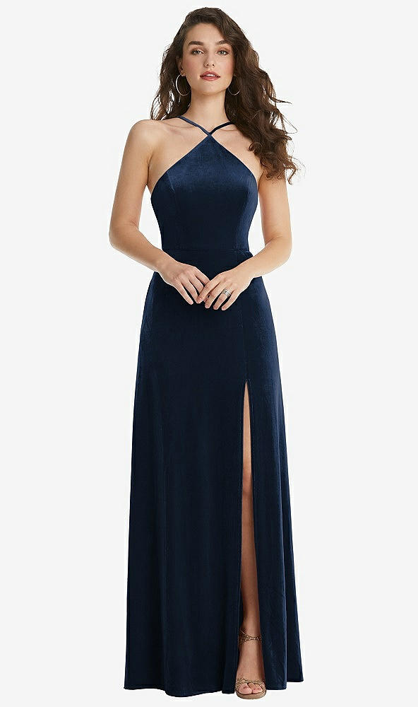 Front View - Midnight Navy High Neck Halter Open-Back Velvet Dress - Alix