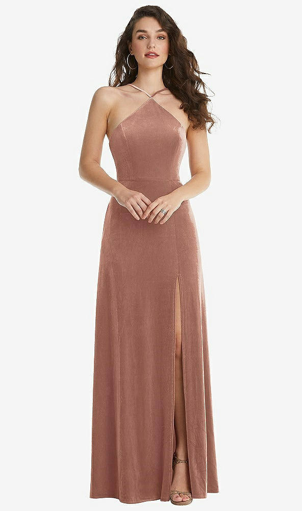 Front View - Tawny Rose High Neck Halter Open-Back Velvet Dress - Alix