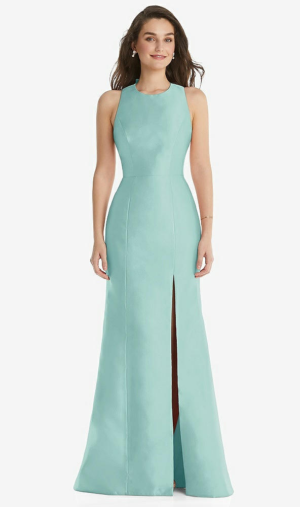 Front View - Coastal Jewel Neck Bowed Open-Back Trumpet Dress with Front Slit