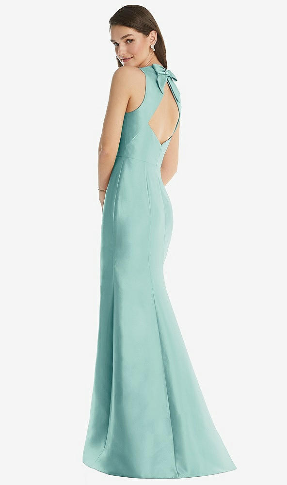 Back View - Coastal Jewel Neck Bowed Open-Back Trumpet Dress with Front Slit