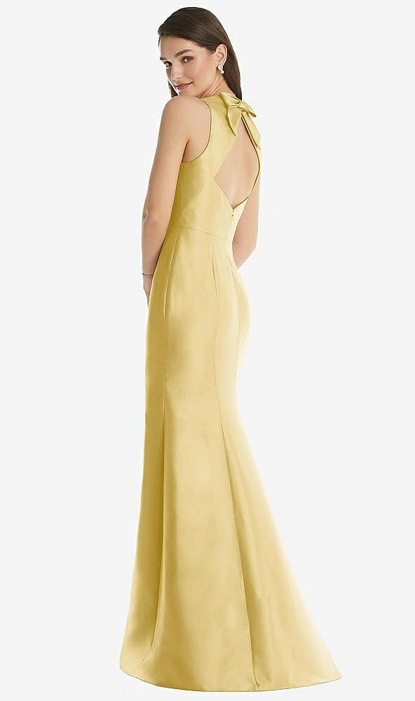 Back View - Maize Jewel Neck Bowed Open-Back Trumpet Dress with Front Slit