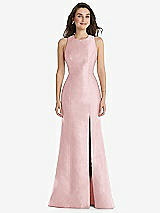 Front View Thumbnail - Ballet Pink Jewel Neck Bowed Open-Back Trumpet Dress with Front Slit