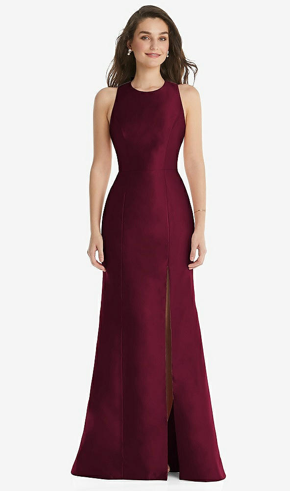 Front View - Cabernet Jewel Neck Bowed Open-Back Trumpet Dress with Front Slit