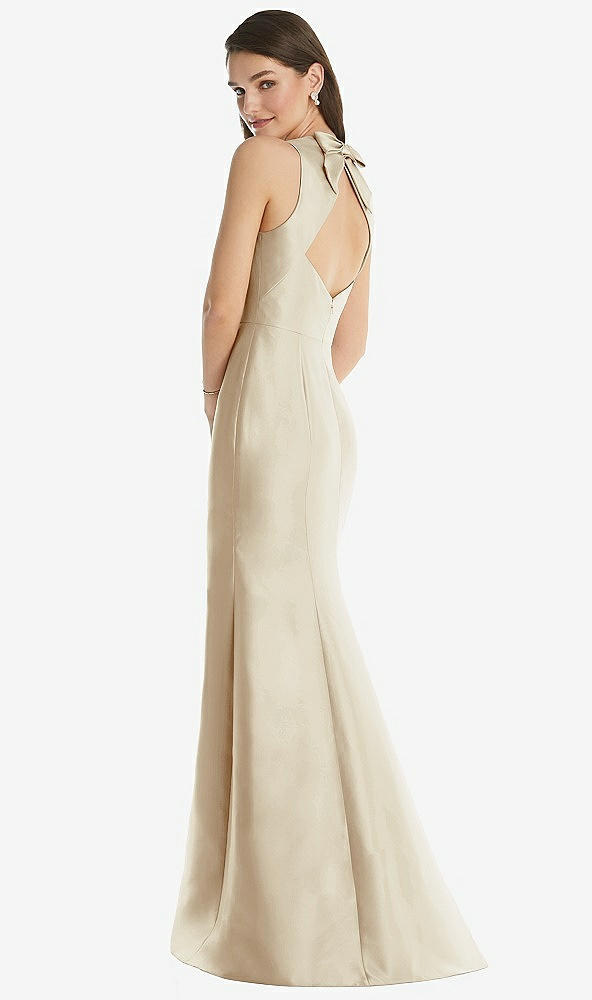 Back View - Champagne Jewel Neck Bowed Open-Back Trumpet Dress with Front Slit