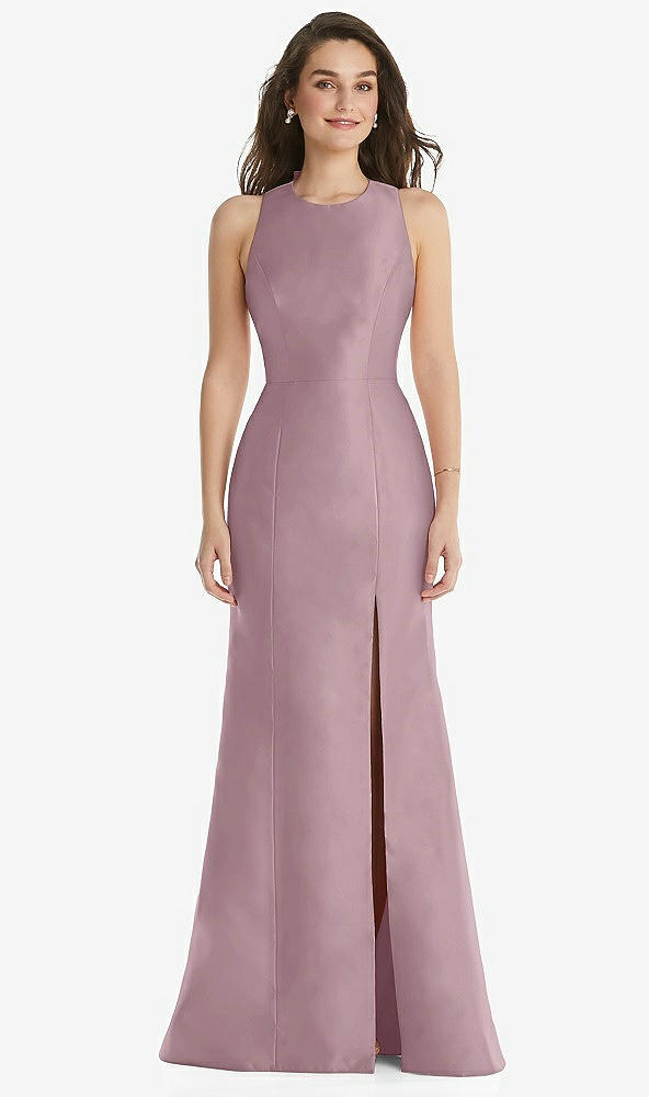 Front View - Dusty Rose Jewel Neck Bowed Open-Back Trumpet Dress with Front Slit