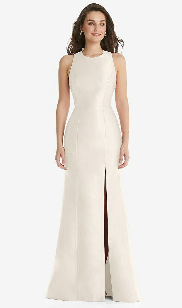 Front View - Ivory Jewel Neck Bowed Open-Back Trumpet Dress with Front Slit