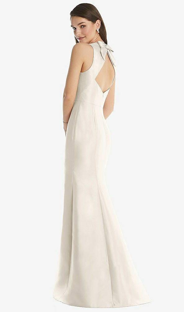 Back View - Ivory Jewel Neck Bowed Open-Back Trumpet Dress with Front Slit