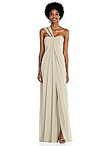 Alt View 1 Thumbnail - Champagne Draped Chiffon Grecian Column Gown with Convertible Straps