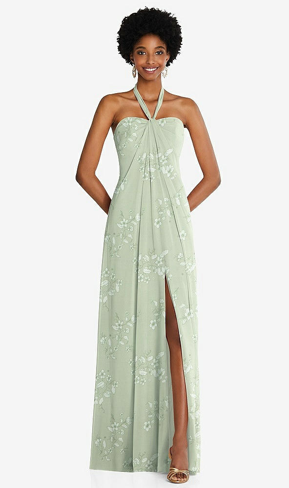 Front View - Vintage Primrose Sage Draped Chiffon Grecian Column Gown with Convertible Straps