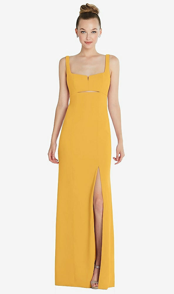 Front View - NYC Yellow Wide Strap Slash Cutout Empire Dress with Front Slit