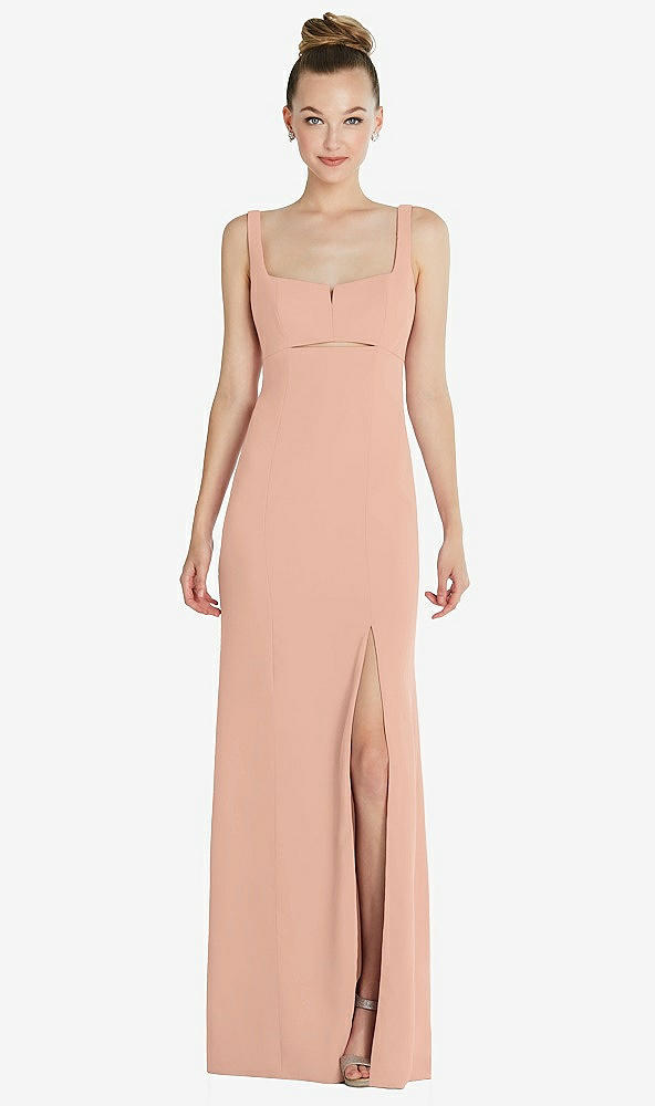 Front View - Pale Peach Wide Strap Slash Cutout Empire Dress with Front Slit