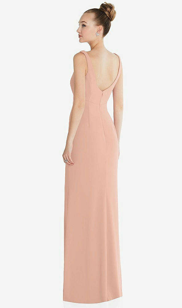 Back View - Pale Peach Wide Strap Slash Cutout Empire Dress with Front Slit