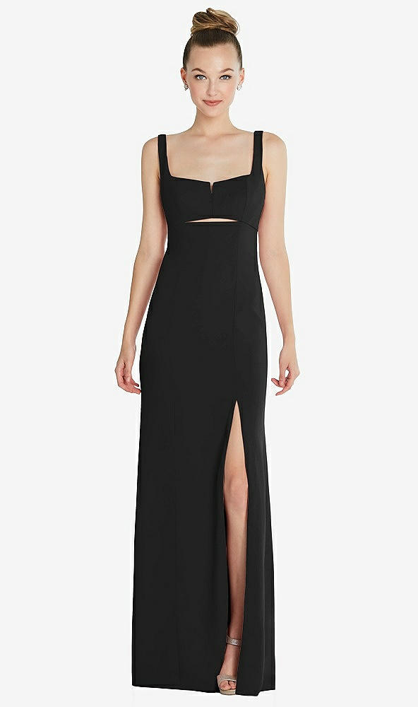 Front View - Black Wide Strap Slash Cutout Empire Dress with Front Slit