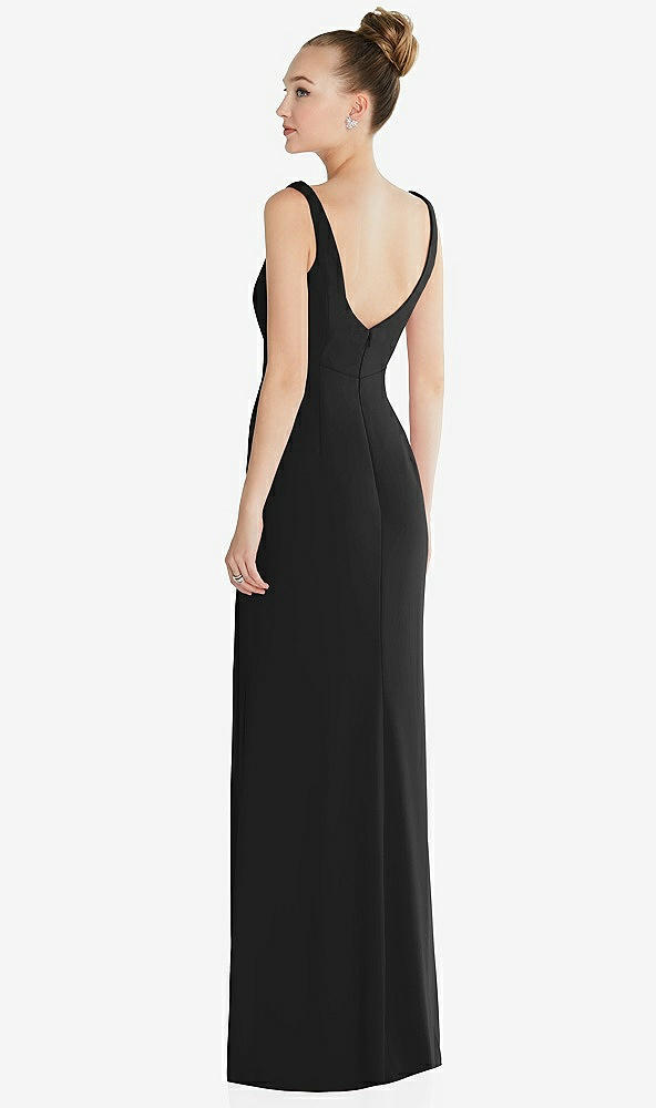 Back View - Black Wide Strap Slash Cutout Empire Dress with Front Slit