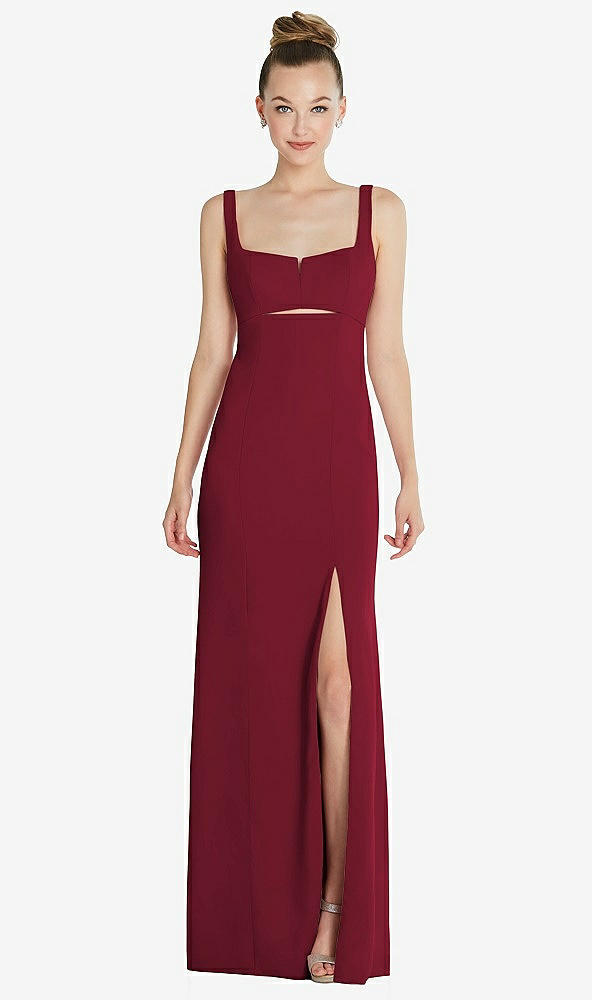 Front View - Burgundy Wide Strap Slash Cutout Empire Dress with Front Slit