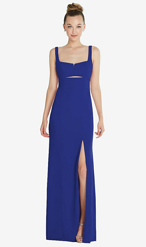 Front View - Cobalt Blue Wide Strap Slash Cutout Empire Dress with Front Slit