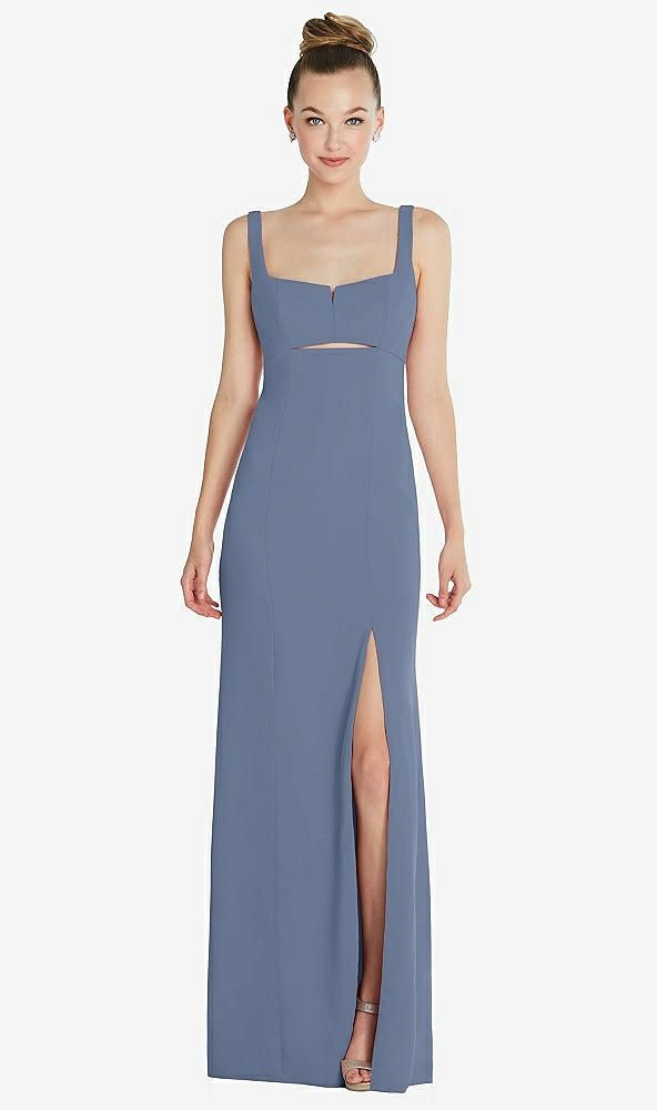 Front View - Larkspur Blue Wide Strap Slash Cutout Empire Dress with Front Slit