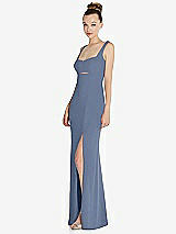 Side View Thumbnail - Larkspur Blue Wide Strap Slash Cutout Empire Dress with Front Slit