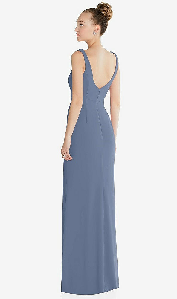 Back View - Larkspur Blue Wide Strap Slash Cutout Empire Dress with Front Slit