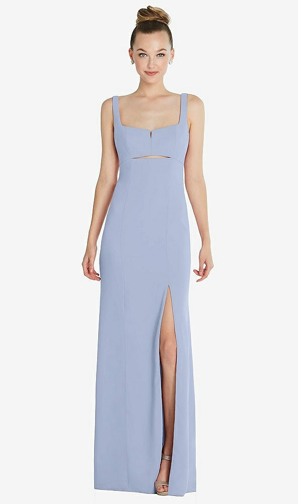 Front View - Sky Blue Wide Strap Slash Cutout Empire Dress with Front Slit