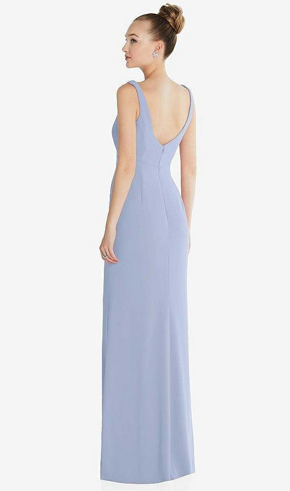 Back View - Sky Blue Wide Strap Slash Cutout Empire Dress with Front Slit