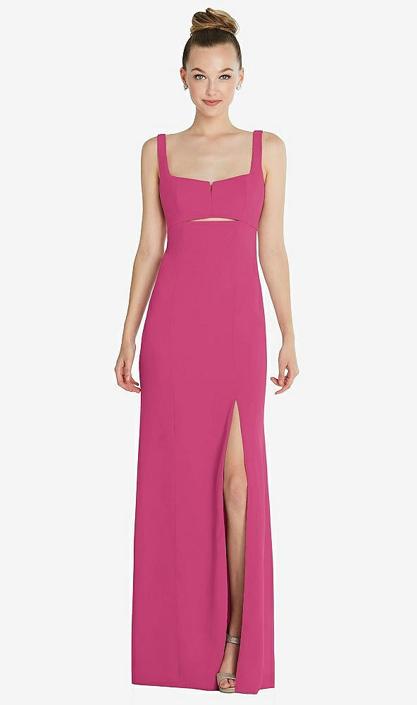 Front View - Tea Rose Wide Strap Slash Cutout Empire Dress with Front Slit