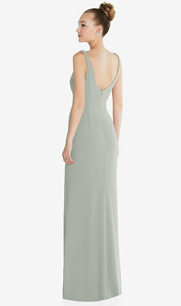 Back View - Willow Green Wide Strap Slash Cutout Empire Dress with Front Slit