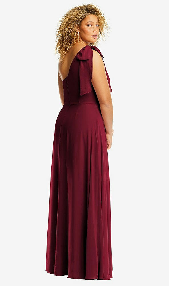 Back View - Burgundy Draped One-Shoulder Maxi Dress with Scarf Bow