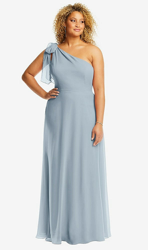 Front View - Mist Draped One-Shoulder Maxi Dress with Scarf Bow