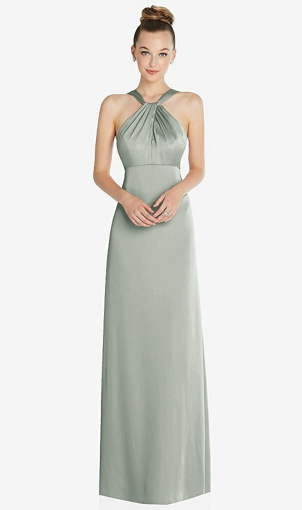 Front View - Willow Green Draped Twist Halter Low-Back Satin Empire Dress