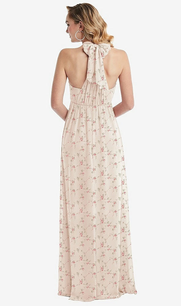 Back View - Coquette Floral Print Empire Waist Shirred Skirt Convertible Sash Tie Maxi Dress