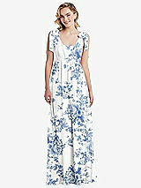 Front View Thumbnail - Cottage Rose Dusk Blue Empire Waist Shirred Skirt Convertible Sash Tie Maxi Dress