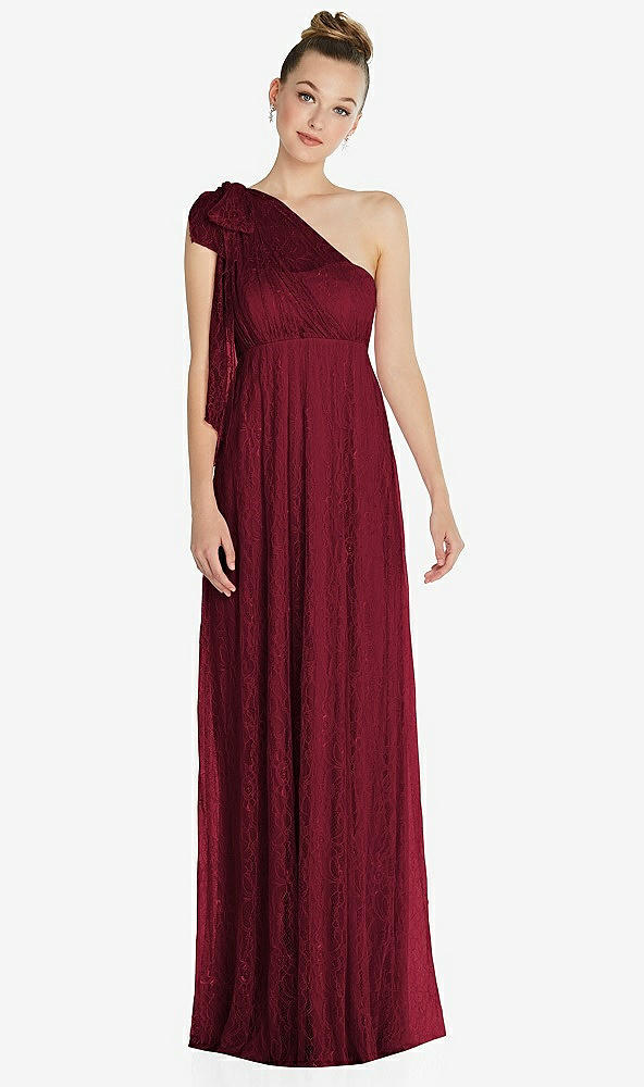 Front View - Burgundy Empire Waist Convertible Sash Tie Lace Maxi Dress