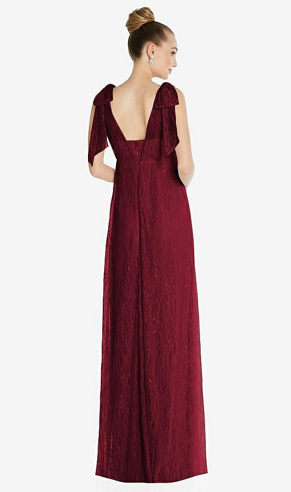 Back View - Burgundy Empire Waist Convertible Sash Tie Lace Maxi Dress