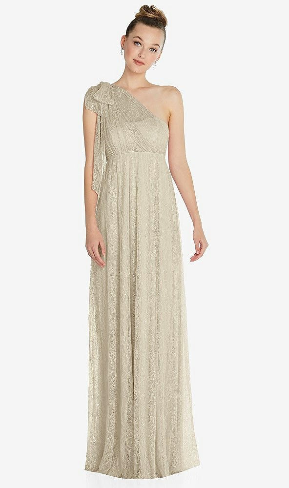 Front View - Champagne Empire Waist Convertible Sash Tie Lace Maxi Dress