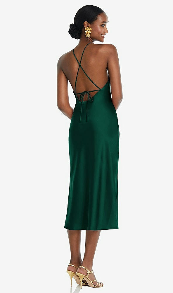 Back View - Hunter Green Diamond Halter Bias Midi Slip Dress with Convertible Straps