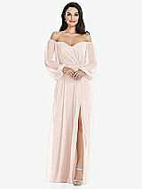 Side View Thumbnail - Blush Off-the-Shoulder Puff Sleeve Maxi Dress with Front Slit