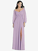 Alt View 1 Thumbnail - Pale Purple Off-the-Shoulder Puff Sleeve Maxi Dress with Front Slit