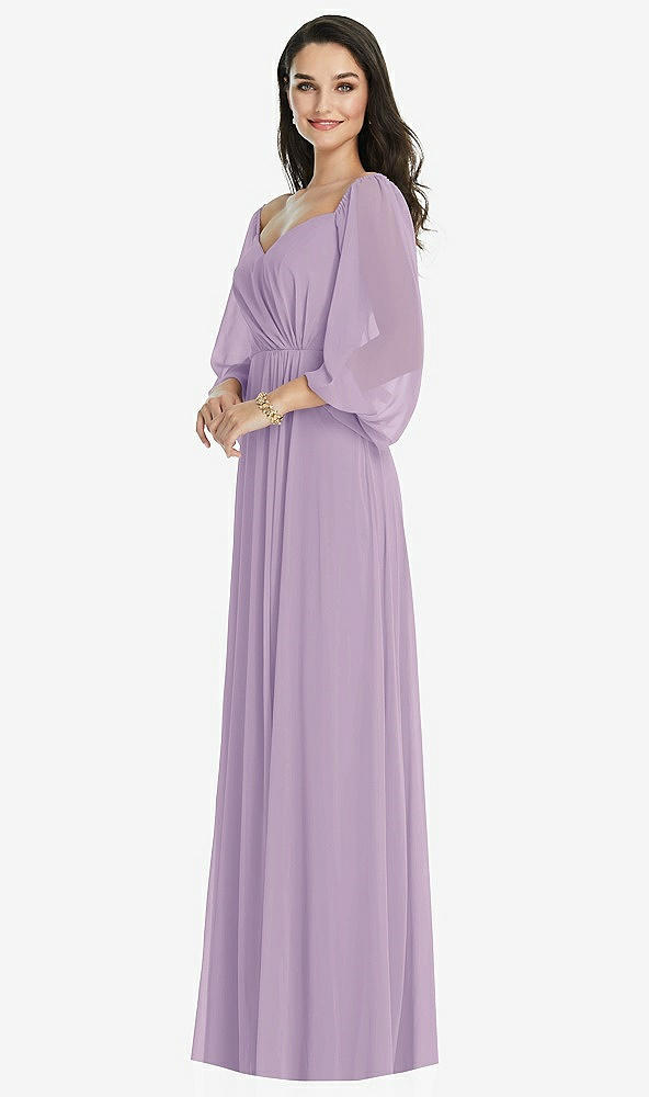 Front View - Pale Purple Off-the-Shoulder Puff Sleeve Maxi Dress with Front Slit