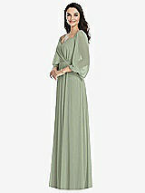 Front View Thumbnail - Sage Off-the-Shoulder Puff Sleeve Maxi Dress with Front Slit