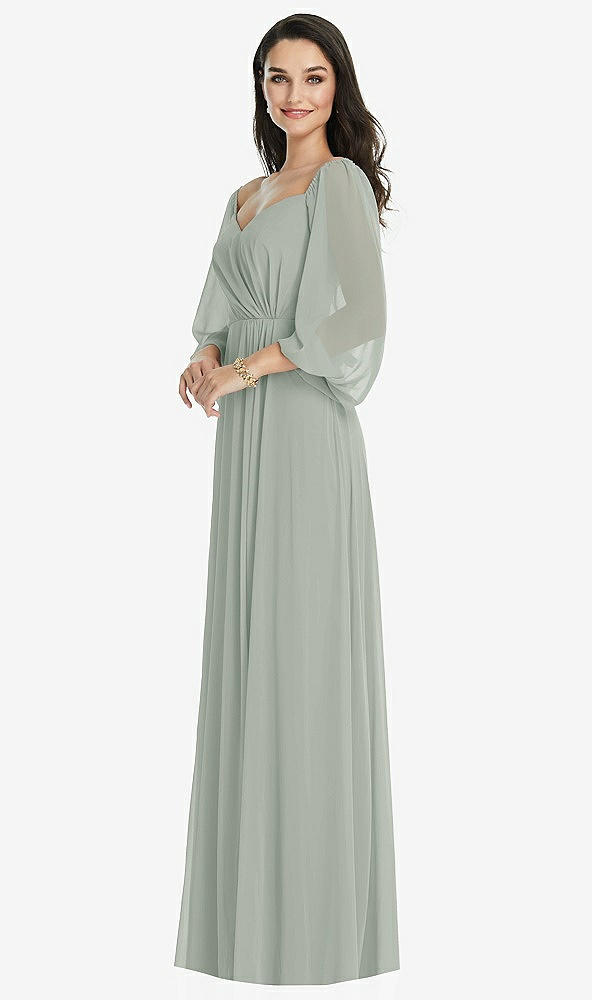 Front View - Willow Green Off-the-Shoulder Puff Sleeve Maxi Dress with Front Slit