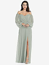 Side View Thumbnail - Willow Green Off-the-Shoulder Puff Sleeve Maxi Dress with Front Slit