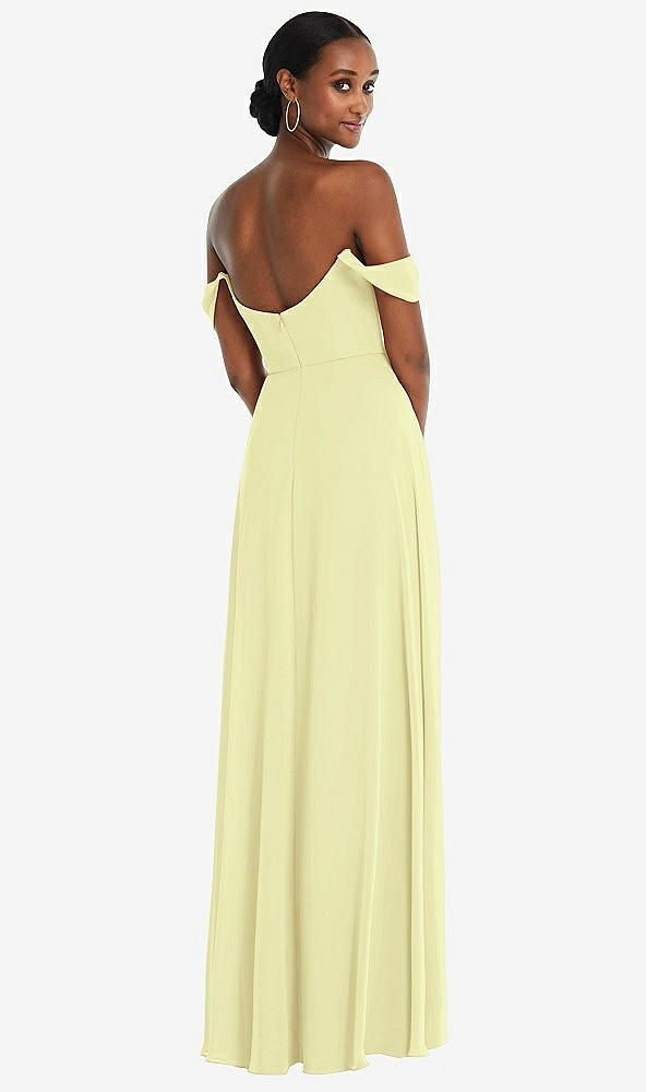 Back View - Butter Yellow Off-the-Shoulder Basque Neck Maxi Dress with Flounce Sleeves