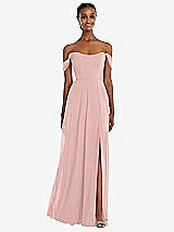 Front View Thumbnail - Rose Off-the-Shoulder Basque Neck Maxi Dress with Flounce Sleeves