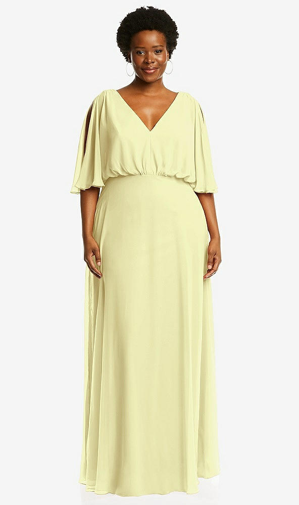 Front View - Butter Yellow V-Neck Split Sleeve Blouson Bodice Maxi Dress