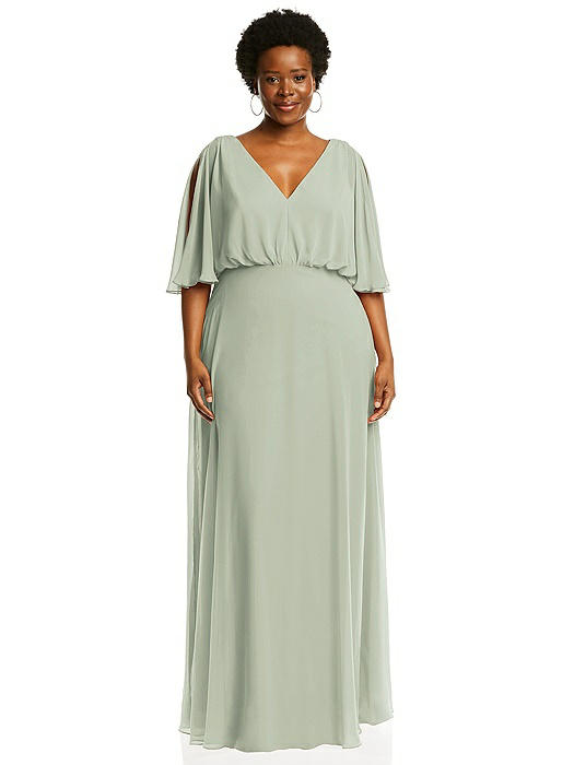 V-Neck Split Sleeve Blouson Bodice Maxi Dress