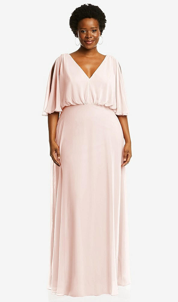 Front View - Blush V-Neck Split Sleeve Blouson Bodice Maxi Dress