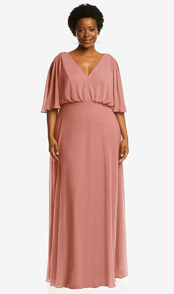 Front View - Desert Rose V-Neck Split Sleeve Blouson Bodice Maxi Dress