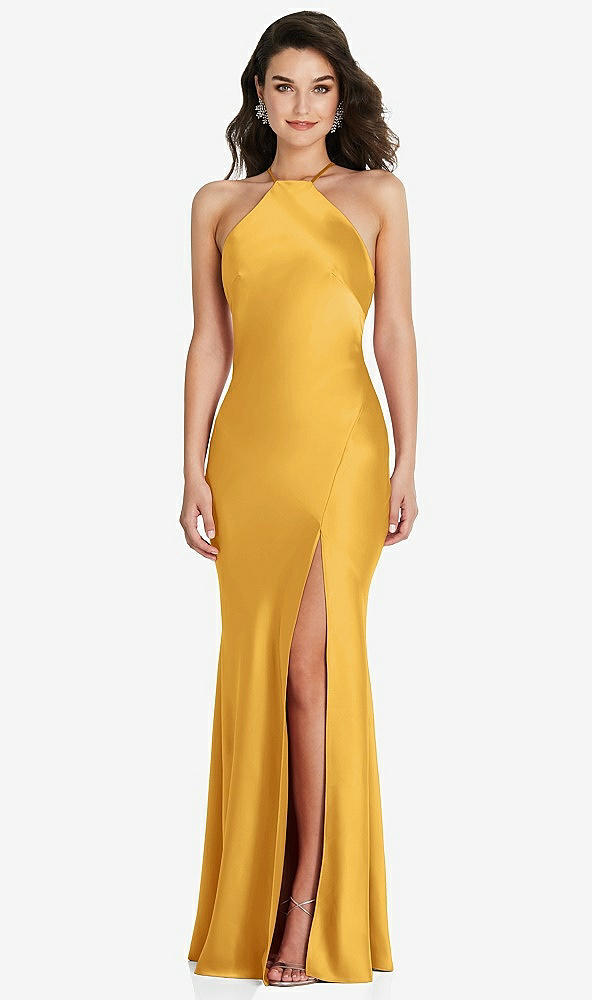 Front View - NYC Yellow Halter Convertible Strap Bias Slip Dress With Front Slit