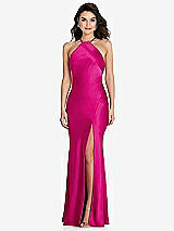 Front View Thumbnail - Think Pink Halter Convertible Strap Bias Slip Dress With Front Slit